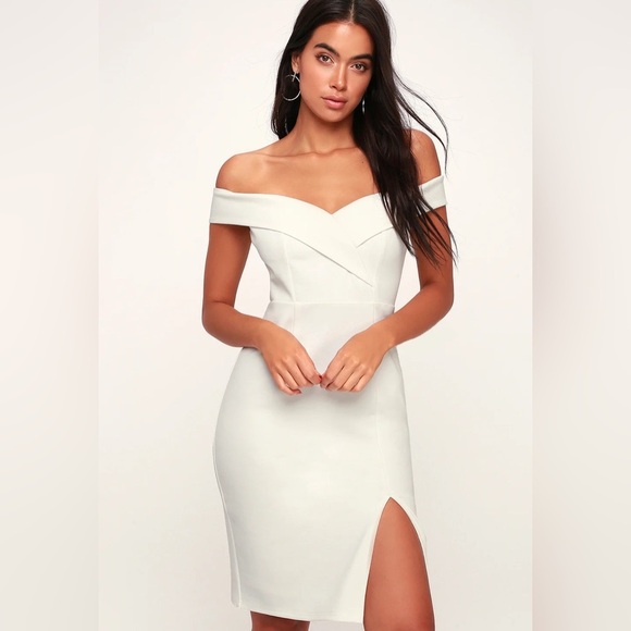 NWOT Lulus Classic Glam White Off-the-Shoulder Bodycon midiDress - Picture 2 of 9